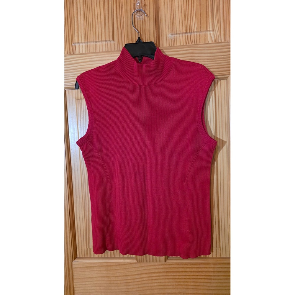Coldwater Creek Red Ribbed Mock Neck Sleeveless Silk Cotton Blend Sweater Large